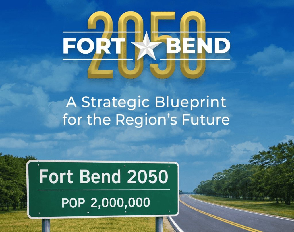 Fort Bend 2050, A Strategic Blueprint for the Region’s Future: a road sign reading Fort Bend 2050, Pop 2,000,000, beside an open highway
